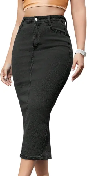 lcyhony Long Denim Skirts for Women Stretchy High Waist Tummy Control Jean Skirt Bodycon Back Slit Pencil Skirt with Pockets