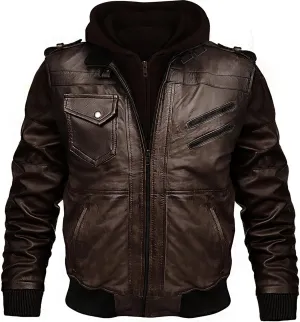 Leather Bomber Jackets for Men with Removable Hooded Real Leather Jacket