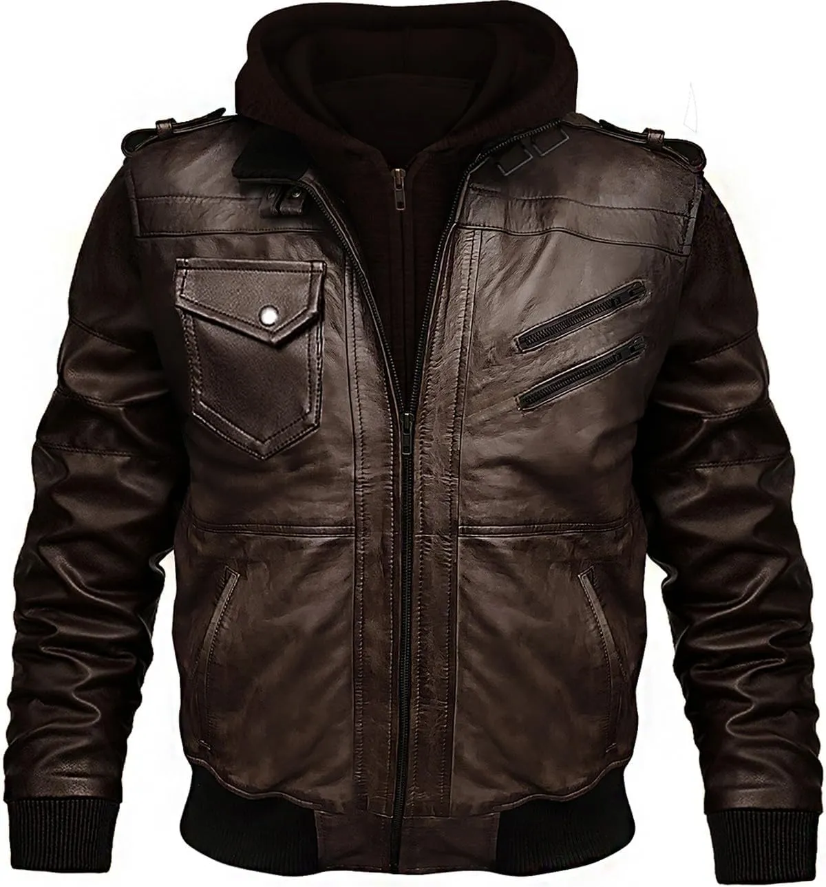 Leather Bomber Jackets for Men with Removable Hooded Real Leather Jacket