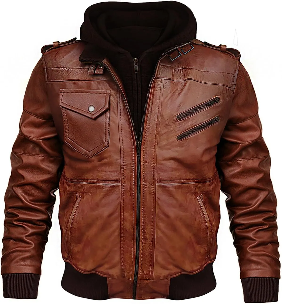 Leather Bomber Jackets for Men with Removable Hooded Real Leather Jacket