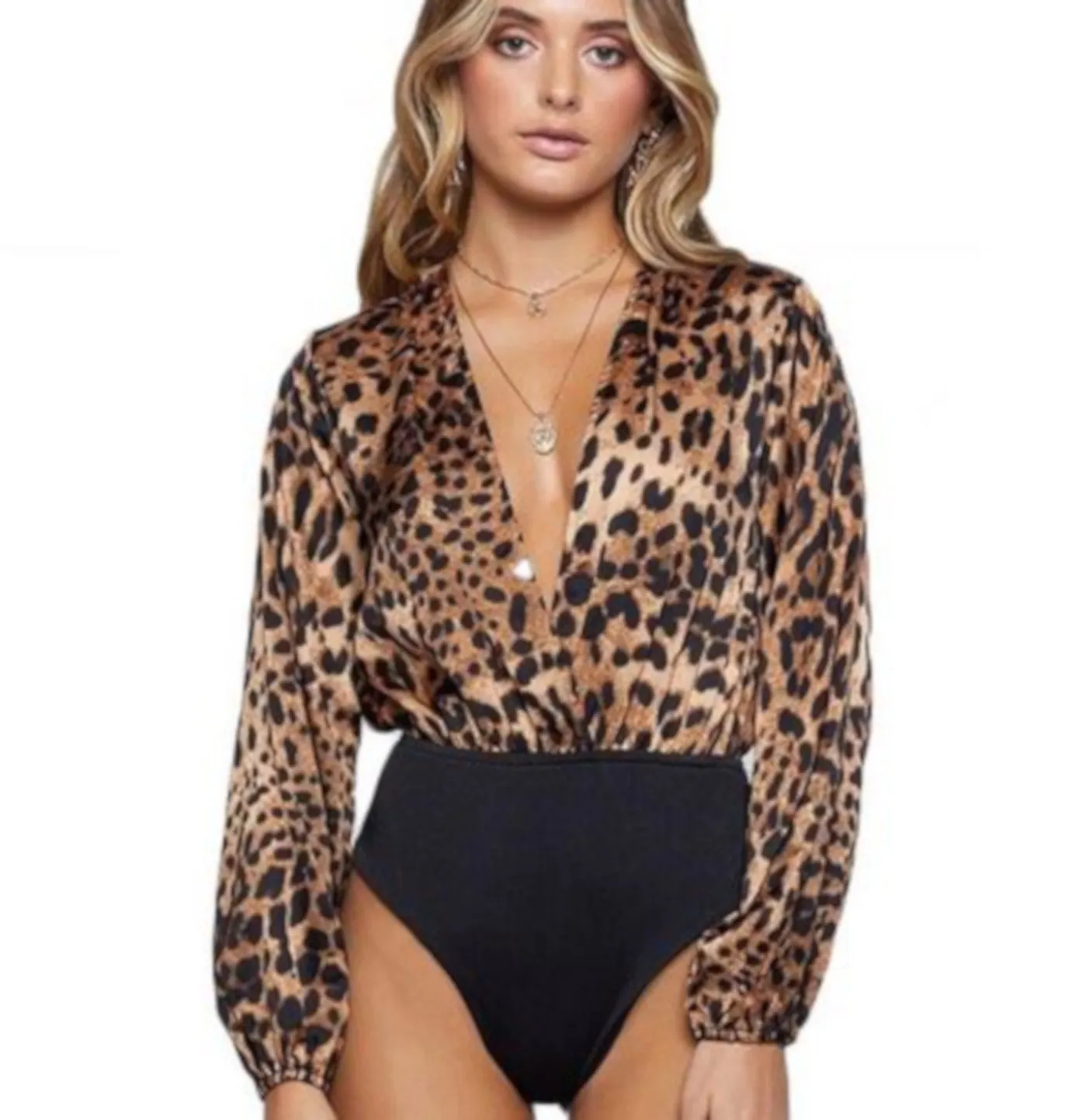 Leopard Animal Print Long Sleeve Bodysuit Business Casual Blouse