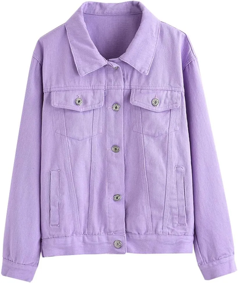 LifeShe Women's Denim Jacket White Jean Jackets Coat Purple