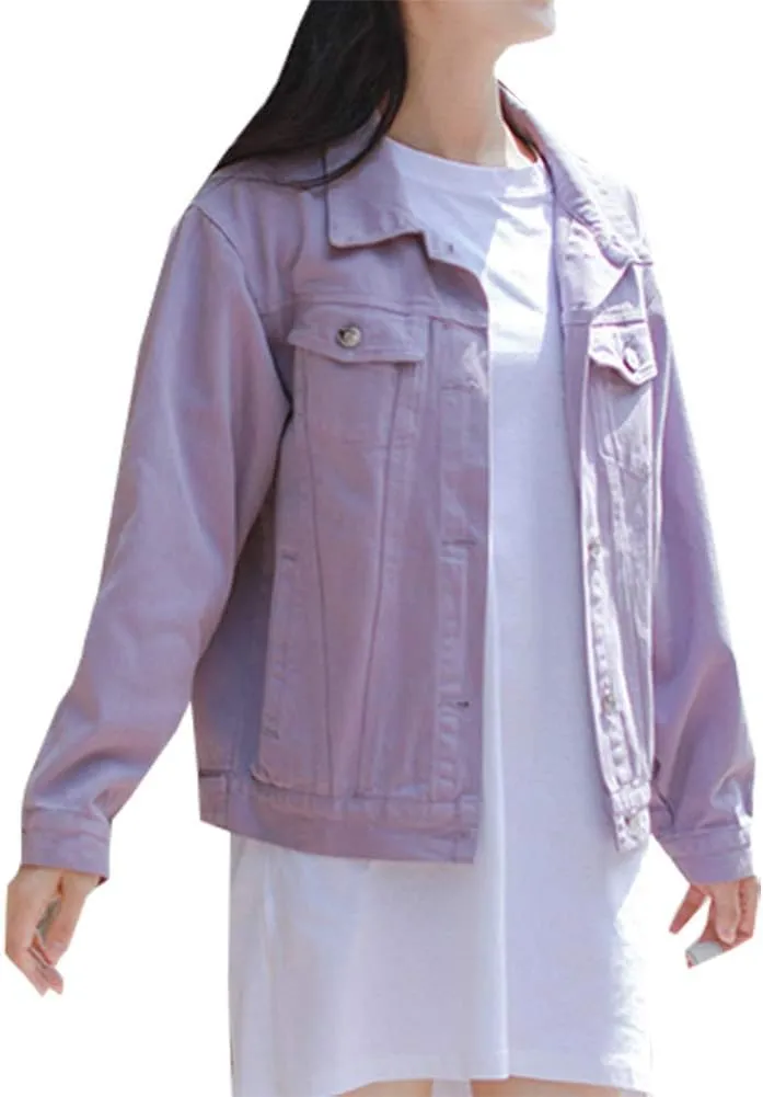 LifeShe Women's Denim Jacket White Jean Jackets Coat Purple