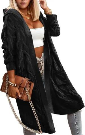 Lightweight Hooded Open Front Cardigan for Women Cable Knit Sweaters Pocketed Oversized Knee Length Long Coats Black