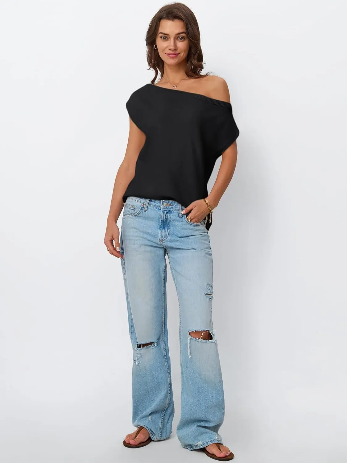 LILLUSORY Womens Summer Fashion Off The Shoulder Sweaters Vacation Trendy Going Out Tops Lightweight Knit Pullover 2025
