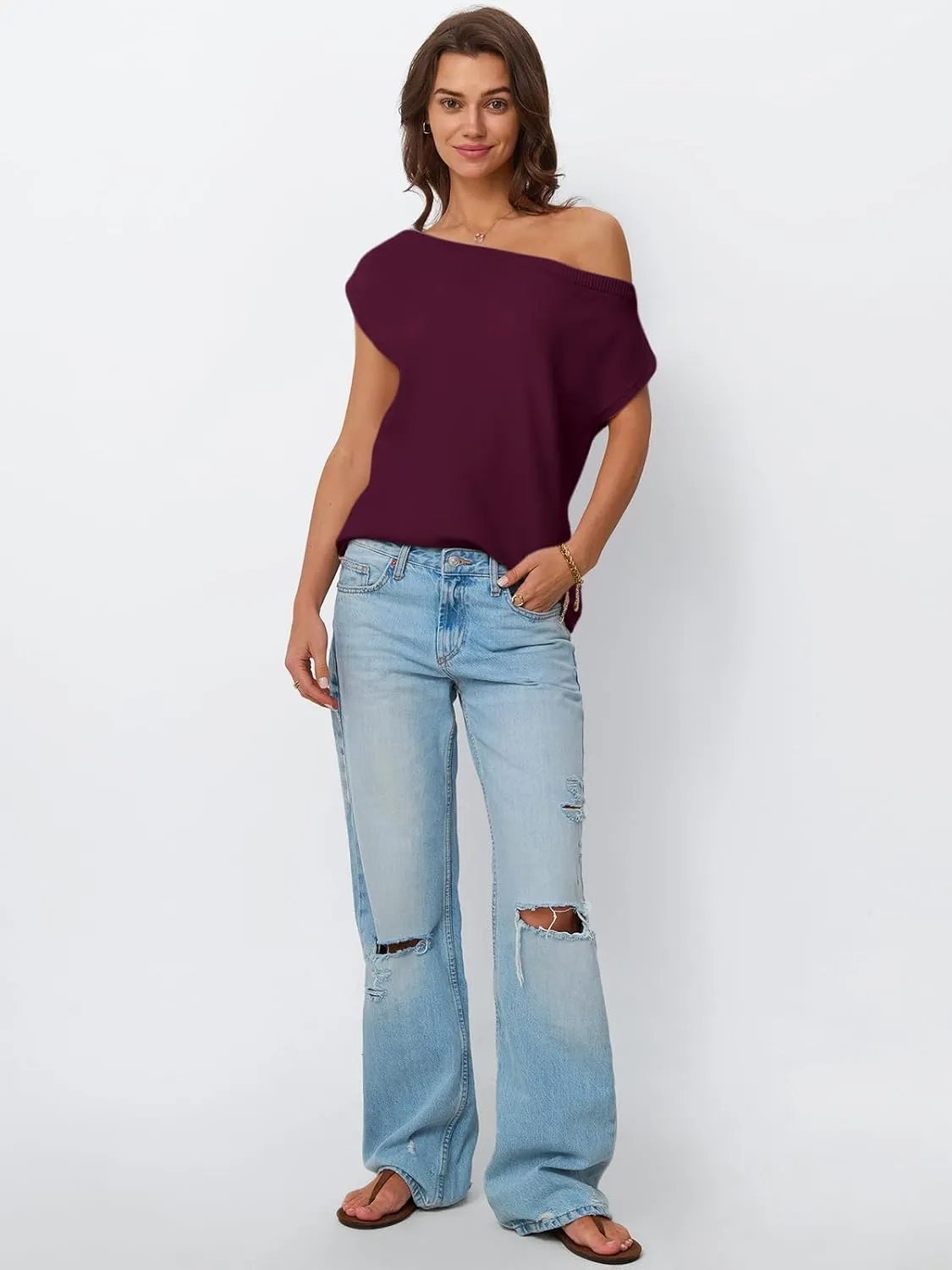 LILLUSORY Womens Summer Fashion Off The Shoulder Sweaters Vacation Trendy Going Out Tops Lightweight Knit Pullover 2025
