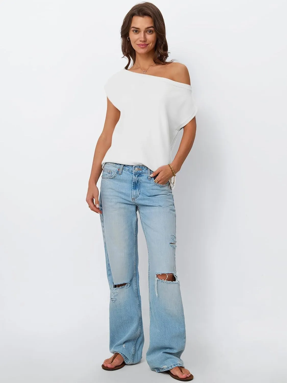 LILLUSORY Womens Summer Fashion Off The Shoulder Sweaters Vacation Trendy Going Out Tops Lightweight Knit Pullover 2025