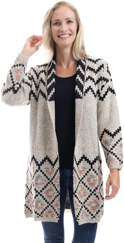 LINDA ANDERSON Women's Geometric Patterned Longline Open Front Cardigan Sweater, Black/Gray/Beige