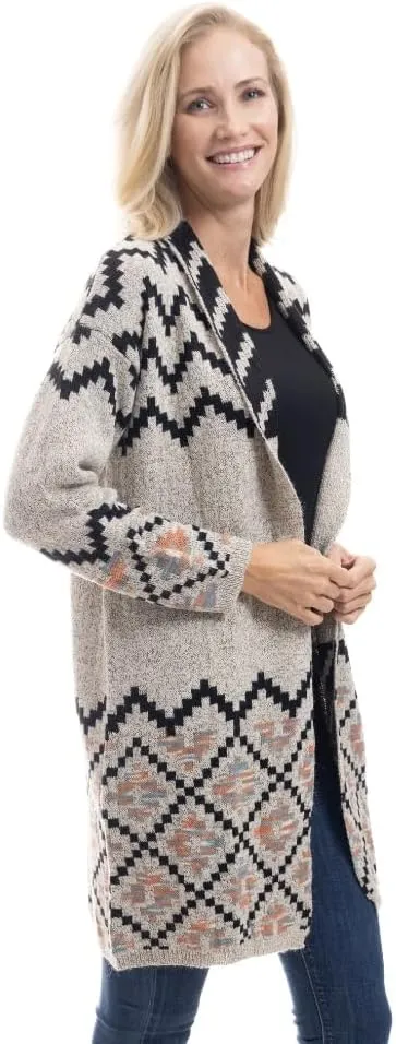 LINDA ANDERSON Women's Geometric Patterned Longline Open Front Cardigan Sweater, Black/Gray/Beige