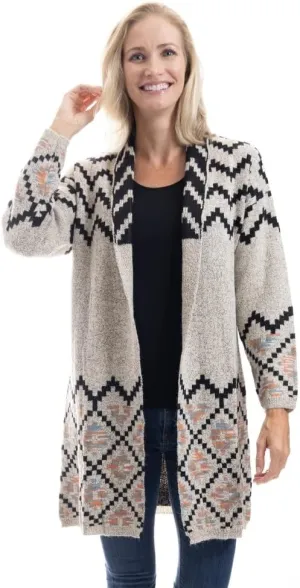 LINDA ANDERSON Women's Geometric Patterned Longline Open Front Cardigan Sweater, Black/Gray/Beige