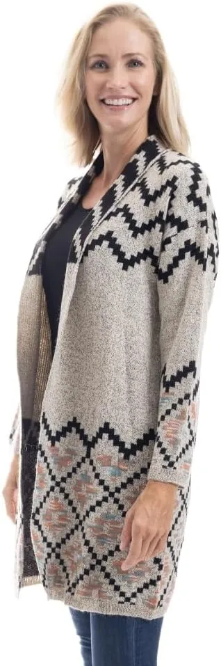 LINDA ANDERSON Women's Geometric Patterned Longline Open Front Cardigan Sweater, Black/Gray/Beige