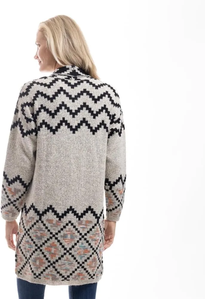 LINDA ANDERSON Women's Geometric Patterned Longline Open Front Cardigan Sweater, Black/Gray/Beige