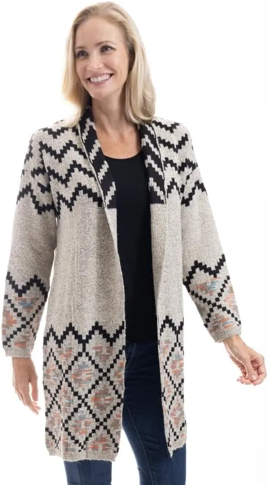 LINDA ANDERSON Women's Geometric Patterned Longline Open Front Cardigan Sweater, Black/Gray/Beige