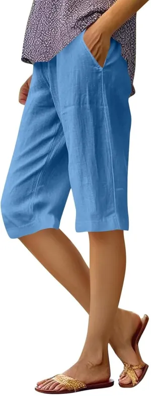 Linen Capri Pants for Women Elastic Waisted Drawstring Pant Comfy Soft Trousers Casual Resort Wear Beach Clothes