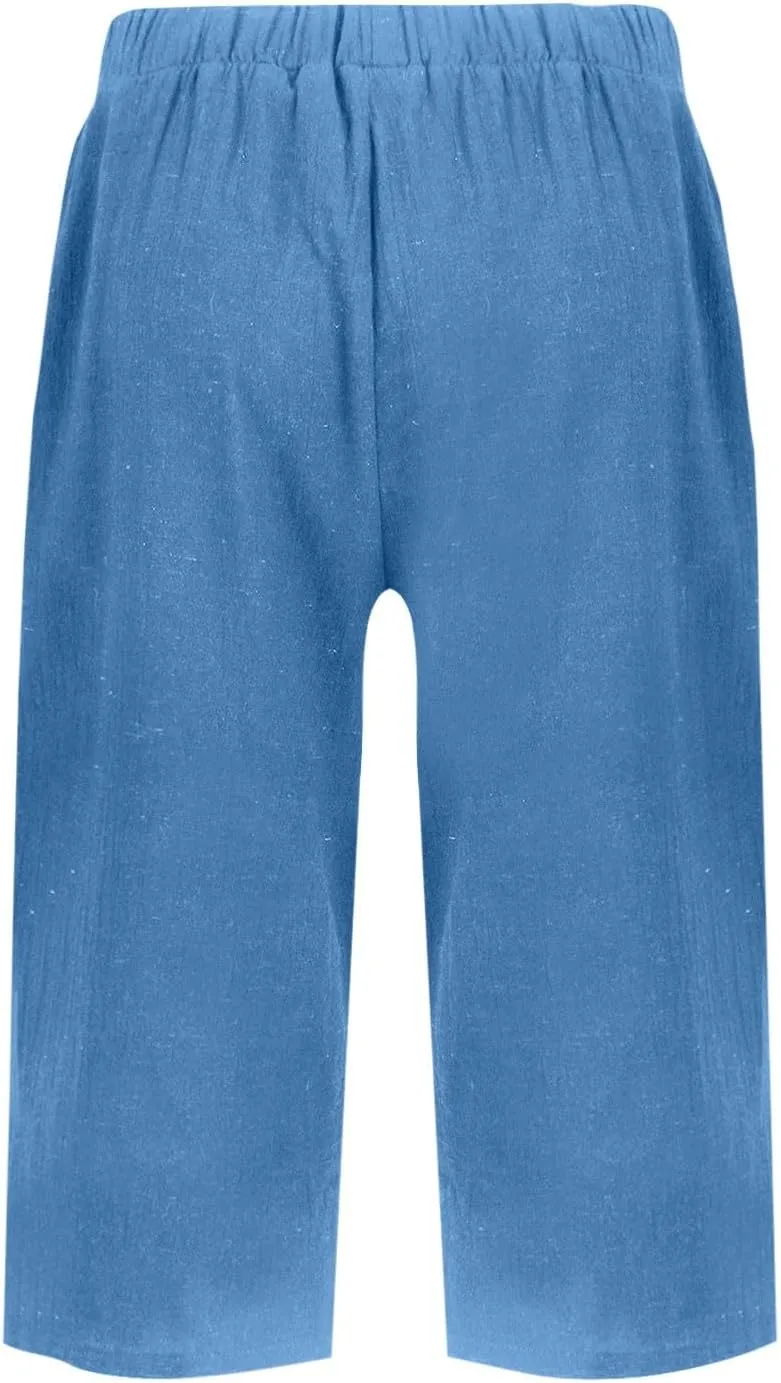 Linen Capri Pants for Women Elastic Waisted Drawstring Pant Comfy Soft Trousers Casual Resort Wear Beach Clothes