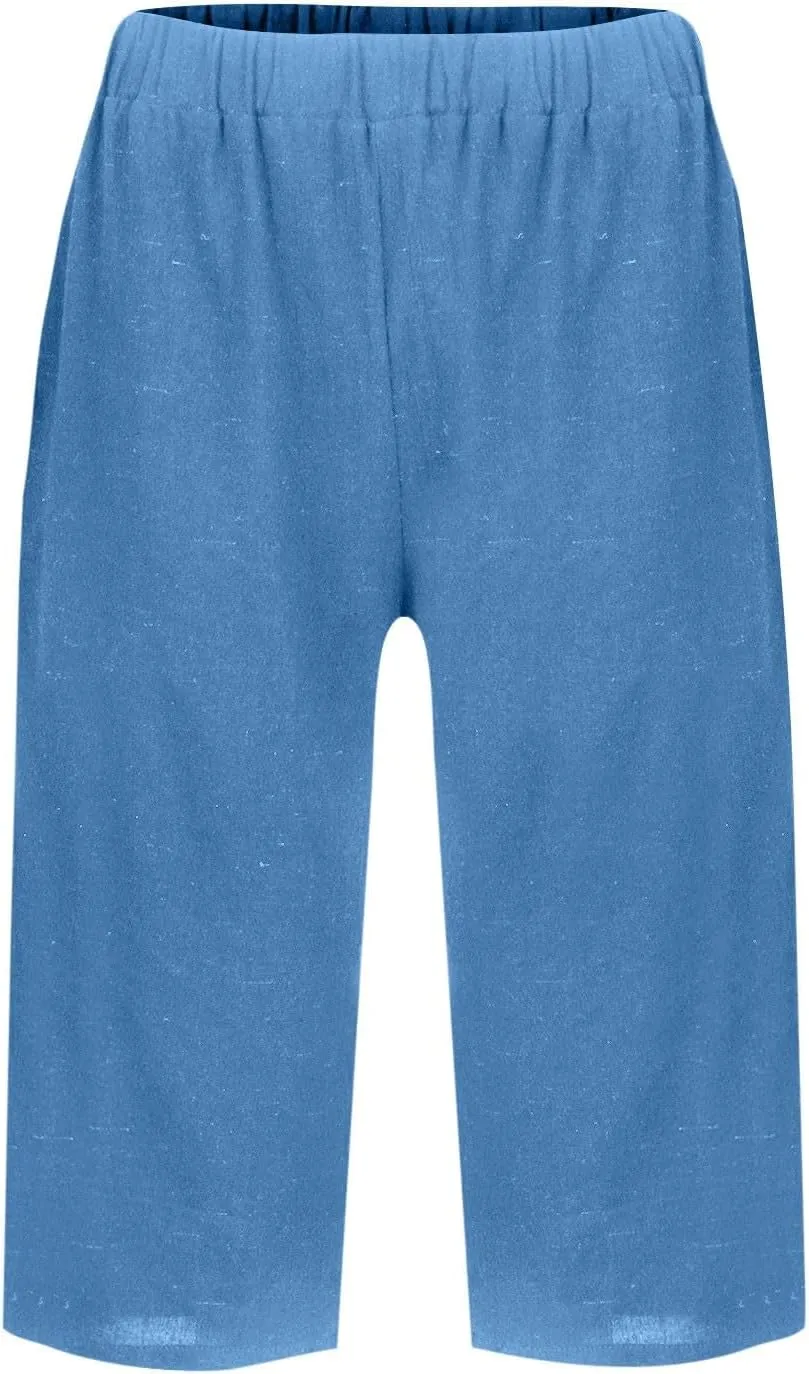 Linen Capri Pants for Women Elastic Waisted Drawstring Pant Comfy Soft Trousers Casual Resort Wear Beach Clothes