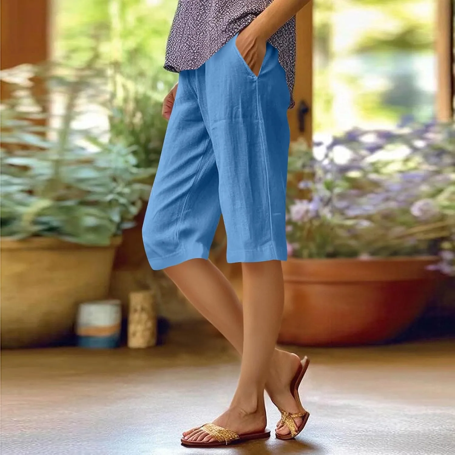 Linen Capri Pants for Women Elastic Waisted Drawstring Pant Comfy Soft Trousers Casual Resort Wear Beach Clothes