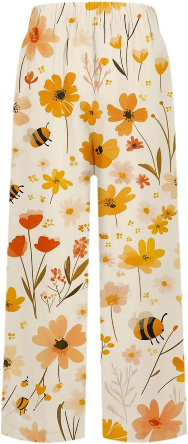 Linen Capri Pants for Women High Waist Floral Straight Leg Lounge Pants Comfy Soft Boho Trousers Casual Resort Wear