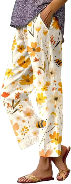 Linen Capri Pants for Women High Waist Floral Straight Leg Lounge Pants Comfy Soft Boho Trousers Casual Resort Wear