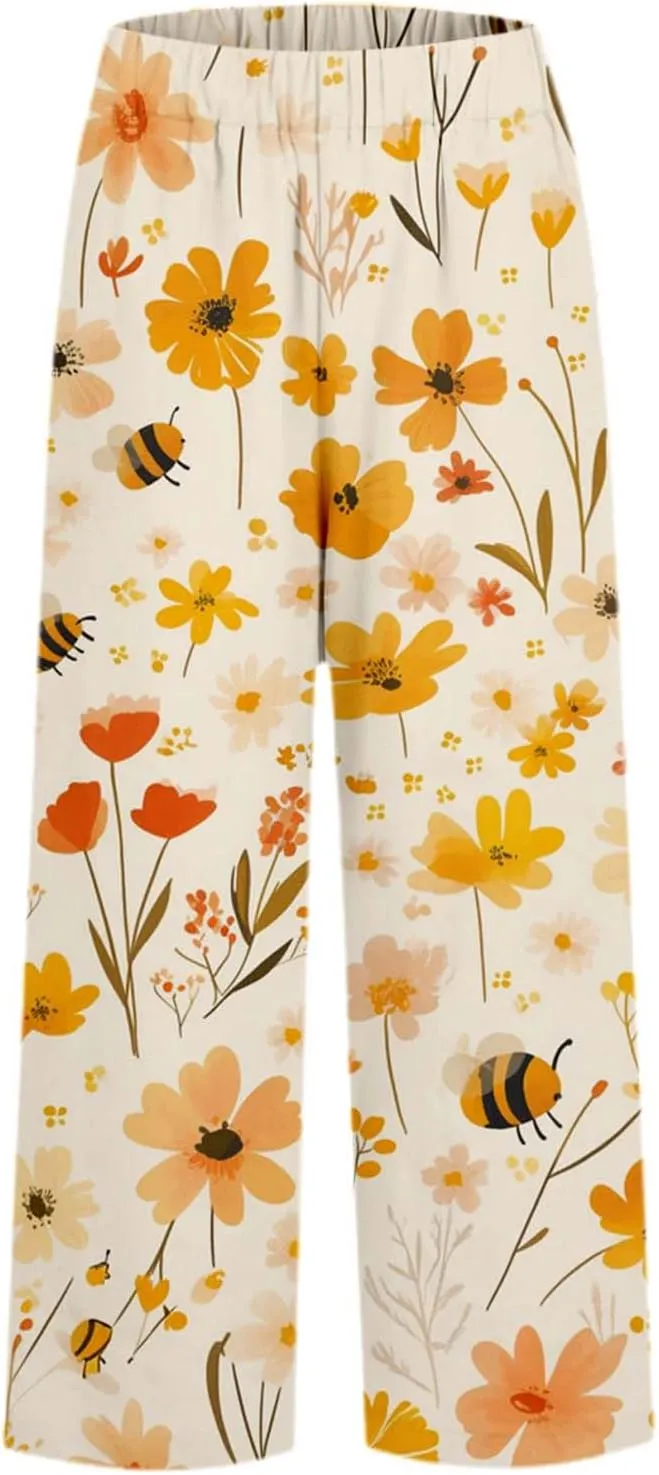 Linen Capri Pants for Women High Waist Floral Straight Leg Lounge Pants Comfy Soft Boho Trousers Casual Resort Wear