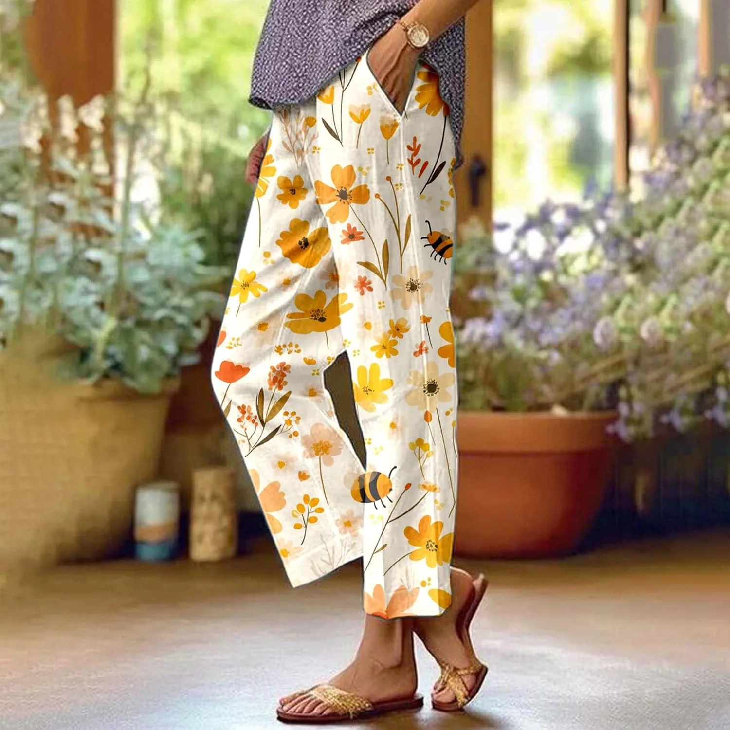 Linen Capri Pants for Women High Waist Floral Straight Leg Lounge Pants Comfy Soft Boho Trousers Casual Resort Wear