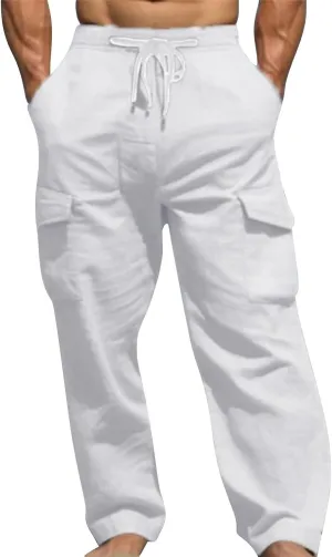 Linen Cargo Pants Men's Lightweight Soft Wide Leg Sweatpants Summer Loose Fit Drawstring Solid Joggers Daily Workout Trousers