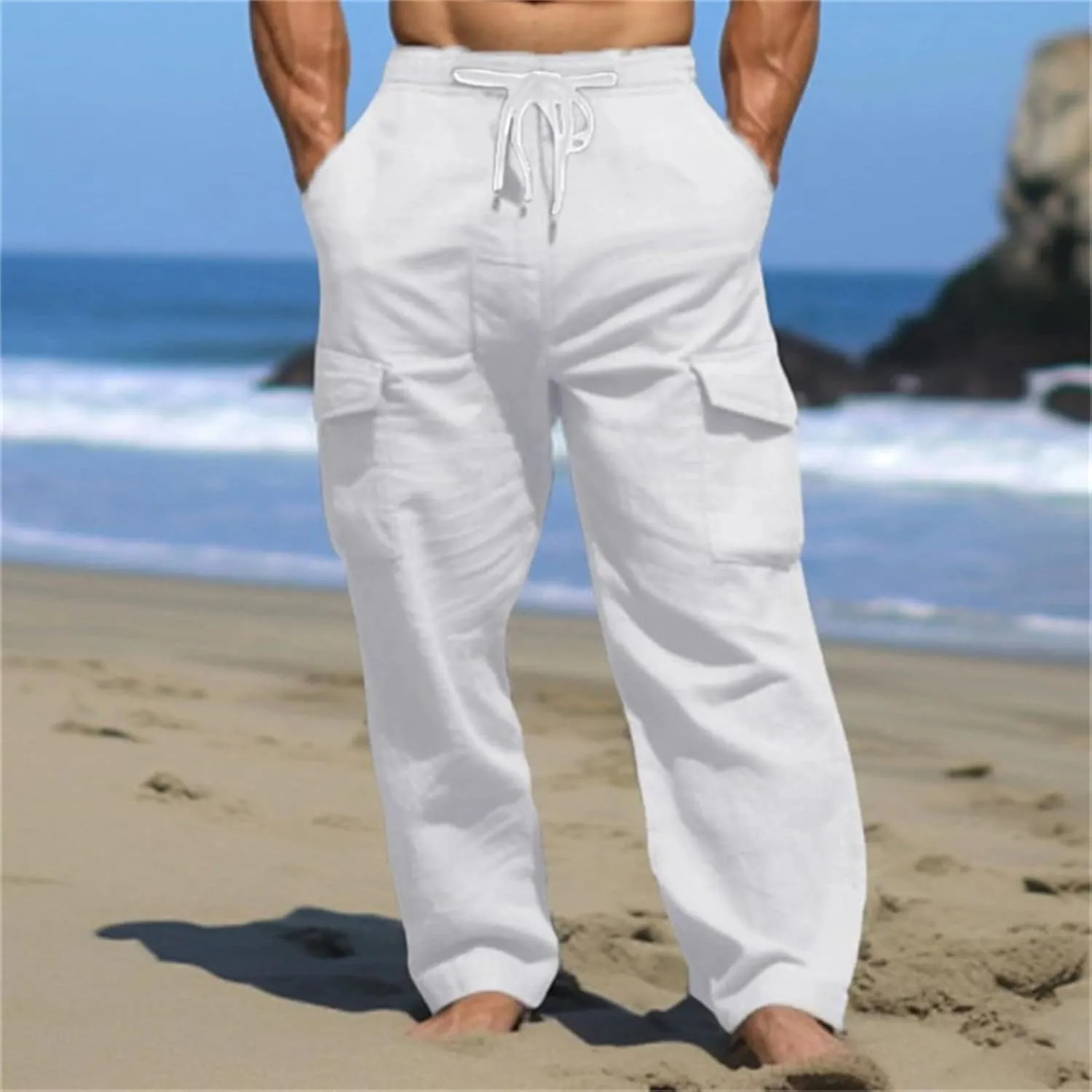 Linen Cargo Pants Men's Lightweight Soft Wide Leg Sweatpants Summer Loose Fit Drawstring Solid Joggers Daily Workout Trousers
