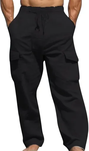 Linen Cargo Pants Men's Lightweight Soft Wide Leg Sweatpants Summer Loose Fit Drawstring Solid Joggers Daily Workout Trousers