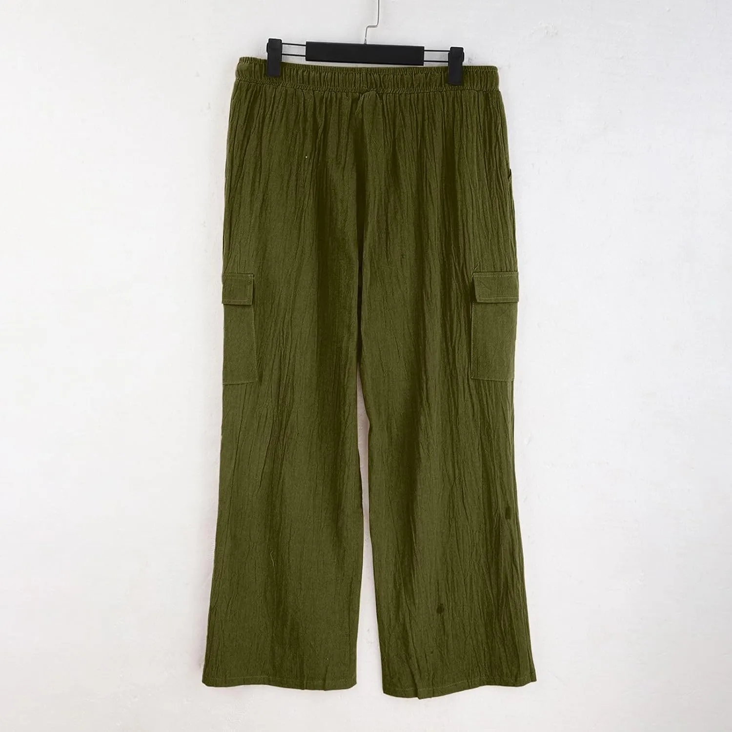 Linen Cargo Pants Men's Lightweight Soft Wide Leg Sweatpants Summer Loose Fit Drawstring Solid Joggers Daily Workout Trousers
