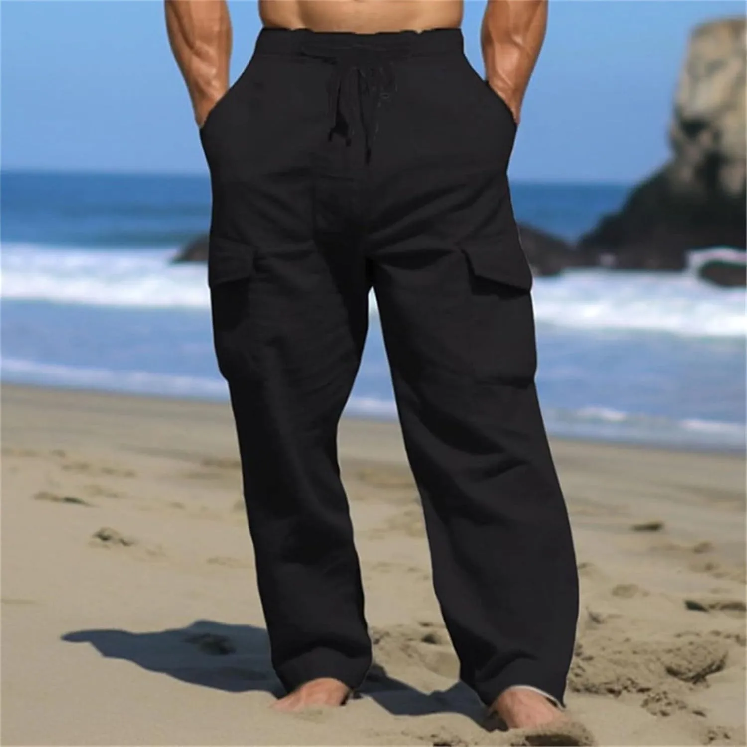 Linen Cargo Pants Men's Lightweight Soft Wide Leg Sweatpants Summer Loose Fit Drawstring Solid Joggers Daily Workout Trousers