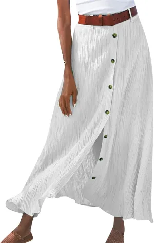 Linen Maxi Skirts for Women Summer Lightweight Midi Waisted Split Button Skorts Casual Breathable A Line Beach Skirt