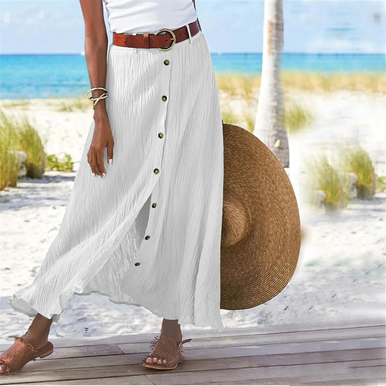 Linen Maxi Skirts for Women Summer Lightweight Midi Waisted Split Button Skorts Casual Breathable A Line Beach Skirt