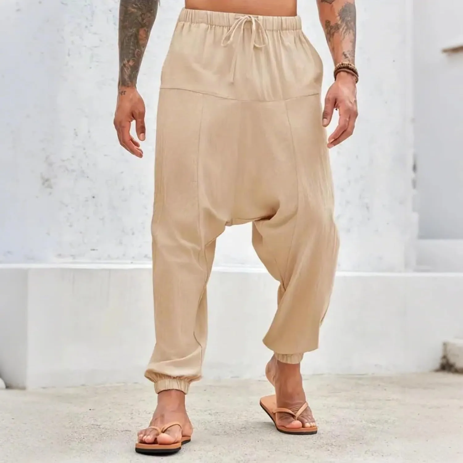 Linen Pants Elastic Waist Drawstring Beach Pants Harem Summer Pants Casual Lightweight Linen Trouser with Pockets