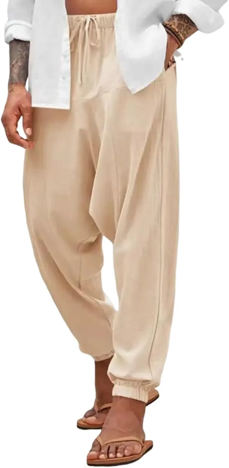 Linen Pants Elastic Waist Drawstring Beach Pants Harem Summer Pants Casual Lightweight Linen Trouser with Pockets