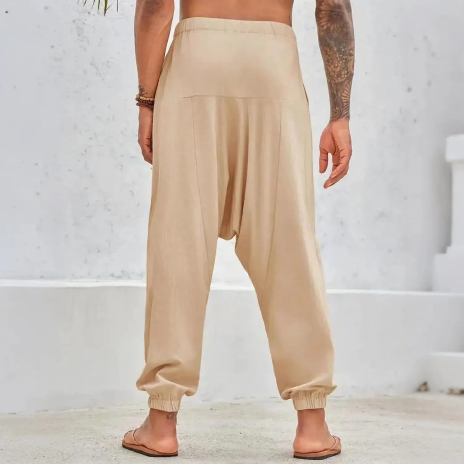 Linen Pants Elastic Waist Drawstring Beach Pants Harem Summer Pants Casual Lightweight Linen Trouser with Pockets