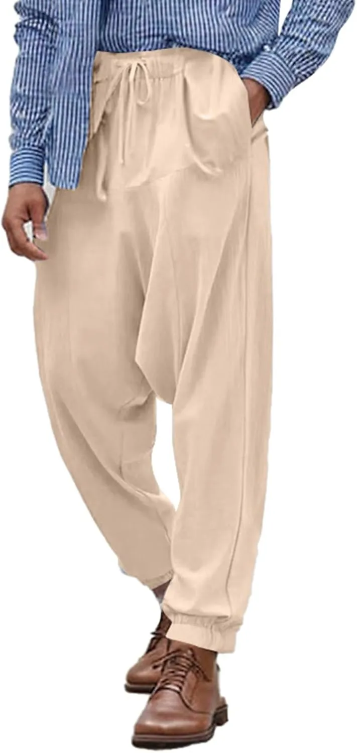 Linen Pants Elastic Waist Drawstring Beach Pants Harem Summer Pants Casual Lightweight Linen Trouser with Pockets