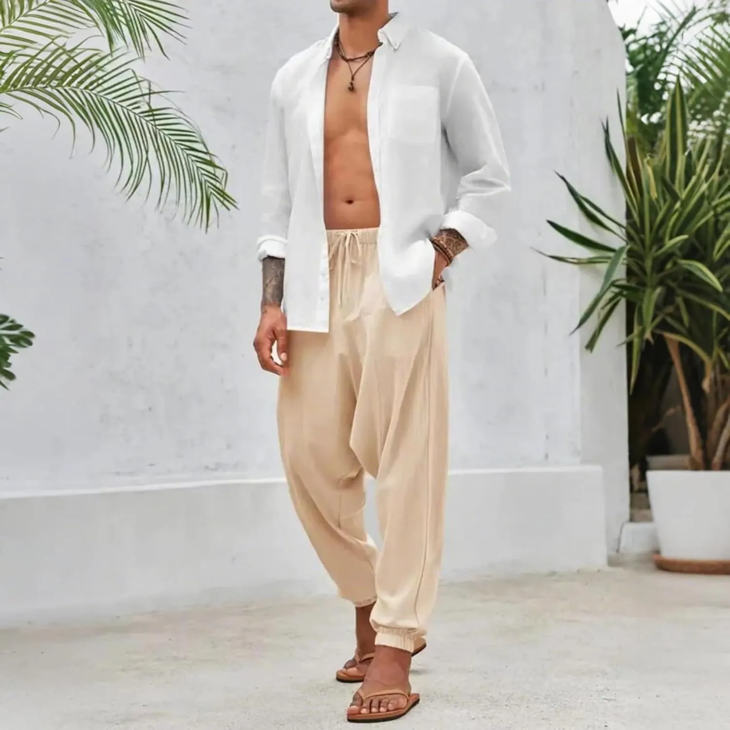 Linen Pants Elastic Waist Drawstring Beach Pants Harem Summer Pants Casual Lightweight Linen Trouser with Pockets