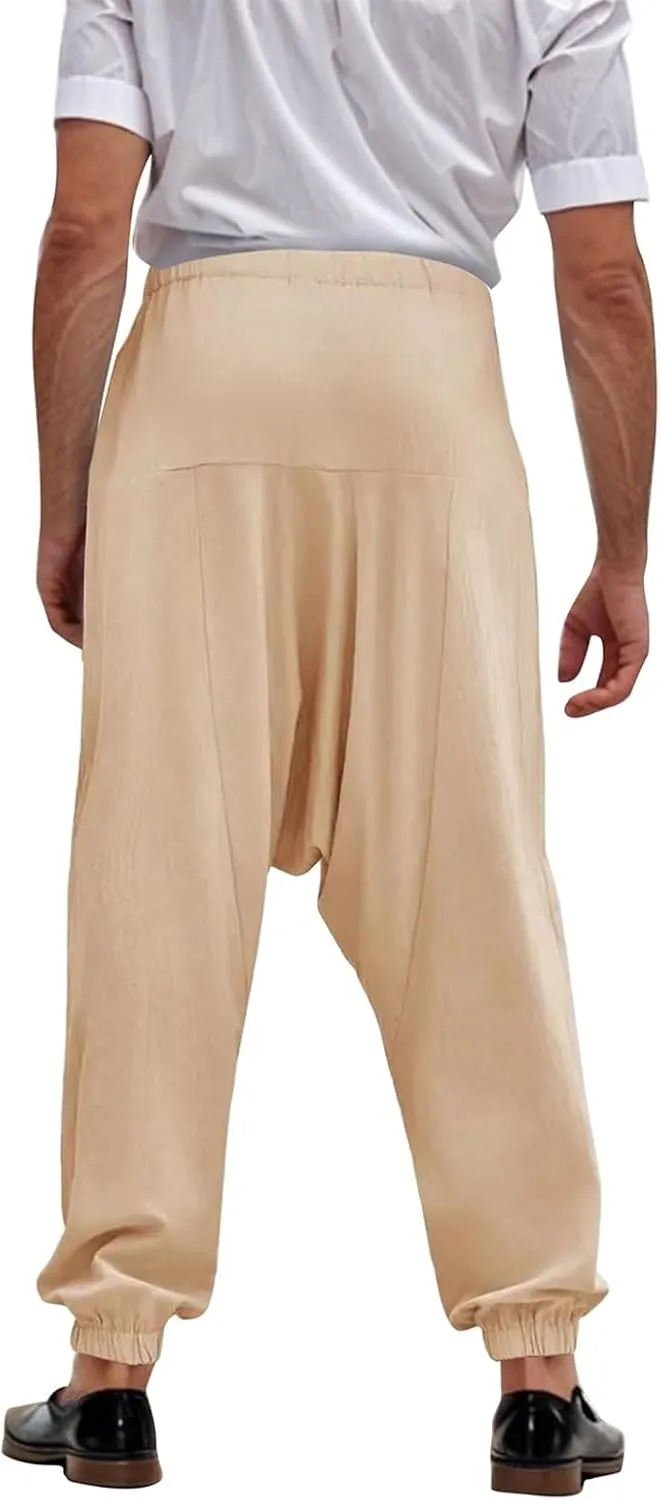 Linen Pants Elastic Waist Drawstring Beach Pants Harem Summer Pants Casual Lightweight Linen Trouser with Pockets