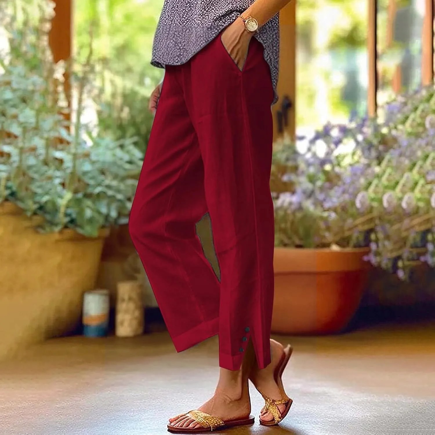 Linen Pants for Women Summer High Waist Straight Leg Lounge Cropped Slacks Soft Side Slits Ankle Trouser with Pocket