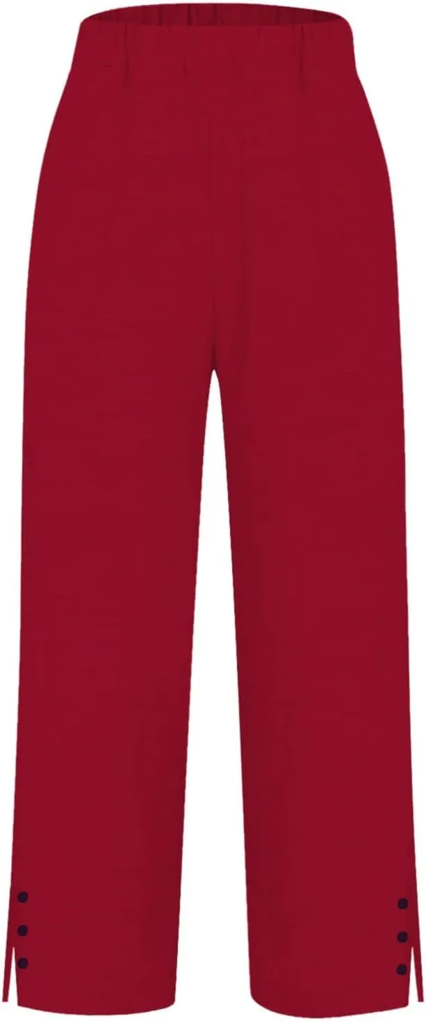 Linen Pants for Women Summer High Waist Straight Leg Lounge Cropped Slacks Soft Side Slits Ankle Trouser with Pocket
