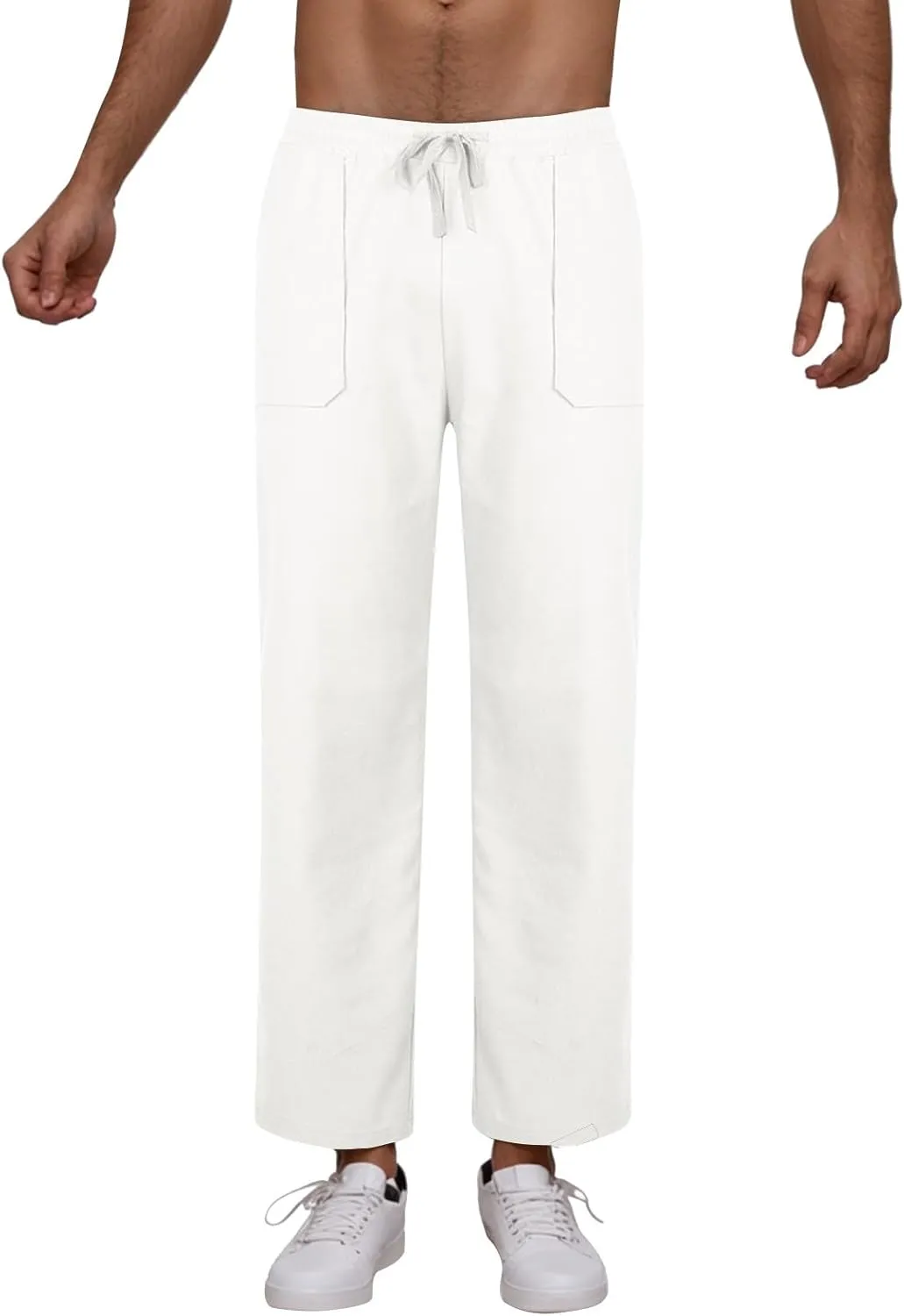 Linen Pants Men Drawstring Elastic Waist Beach Pants Baggy Summer Pants Lightweight Linen Trousers with Pockets