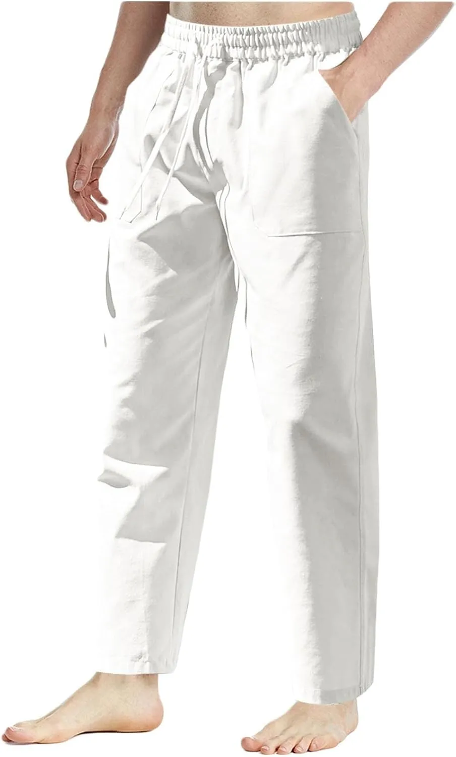 Linen Pants Men Drawstring Elastic Waist Beach Pants Baggy Summer Pants Lightweight Linen Trousers with Pockets