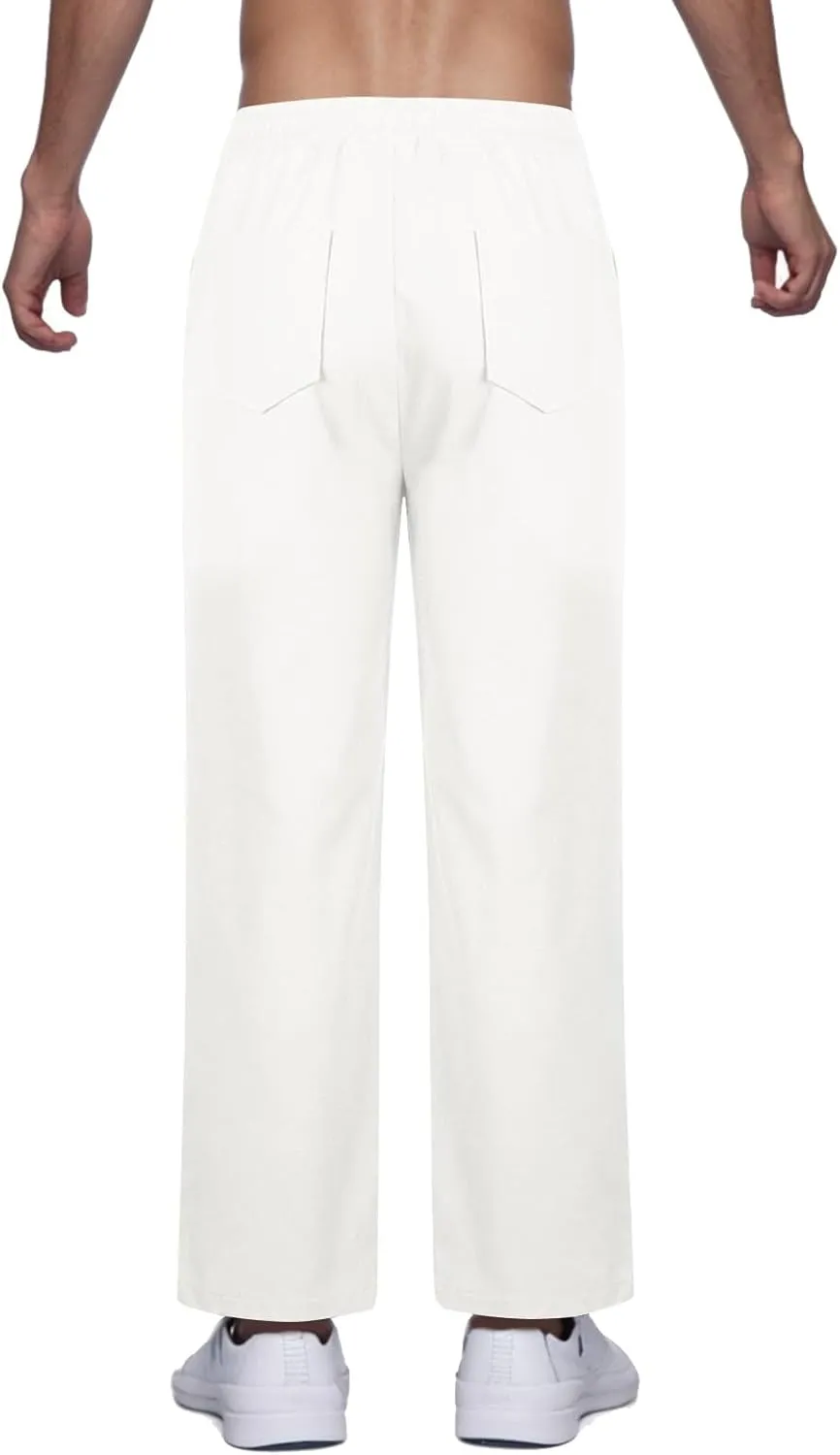 Linen Pants Men Drawstring Elastic Waist Beach Pants Baggy Summer Pants Lightweight Linen Trousers with Pockets