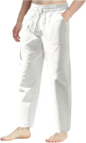 Linen Pants Men Drawstring Elastic Waist Beach Pants Baggy Summer Pants Lightweight Linen Trousers with Pockets