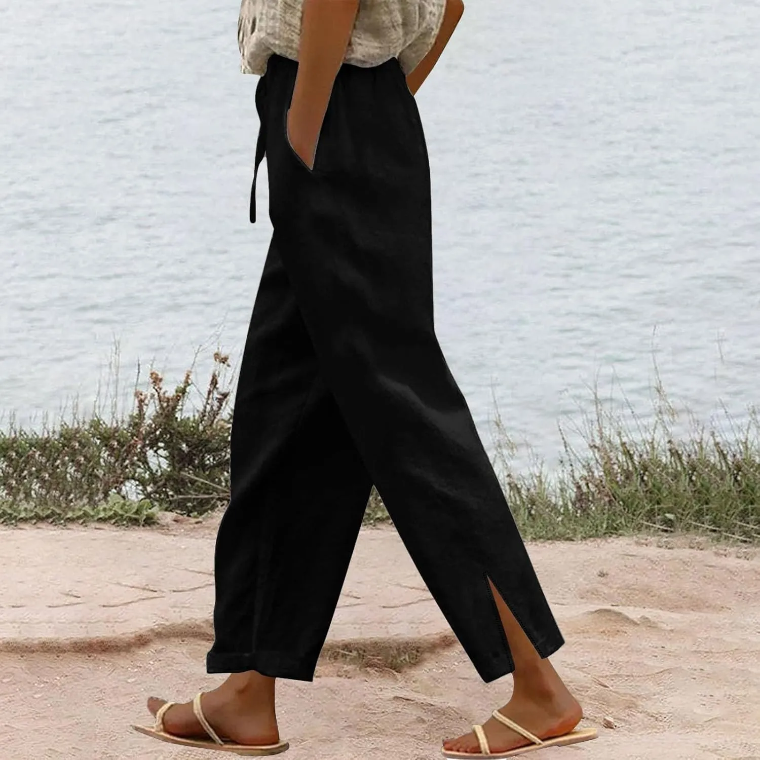 Linen Pants Women 2025 Summer Elastic High Waist Straight Leg Lounge Pant Comfy Soft Beach Trouser Casual Resort Wear