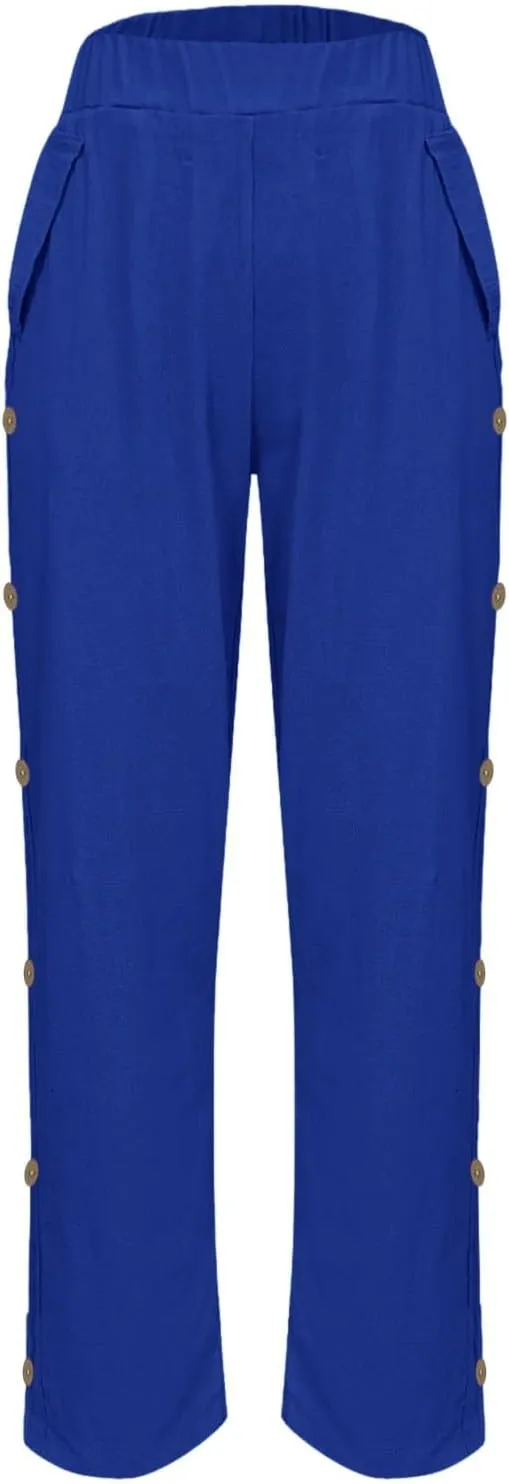 Linen Pants Women Summer 2025 Elastic Waisted Side Button Cropped Trouser Soft Comfy Plus Size Trousers with Pockets