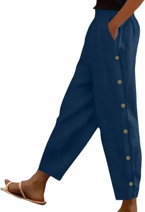 Linen Pants Women Summer 2025 Elastic Waisted Side Button Cropped Trouser Soft Comfy Plus Size Trousers with Pockets