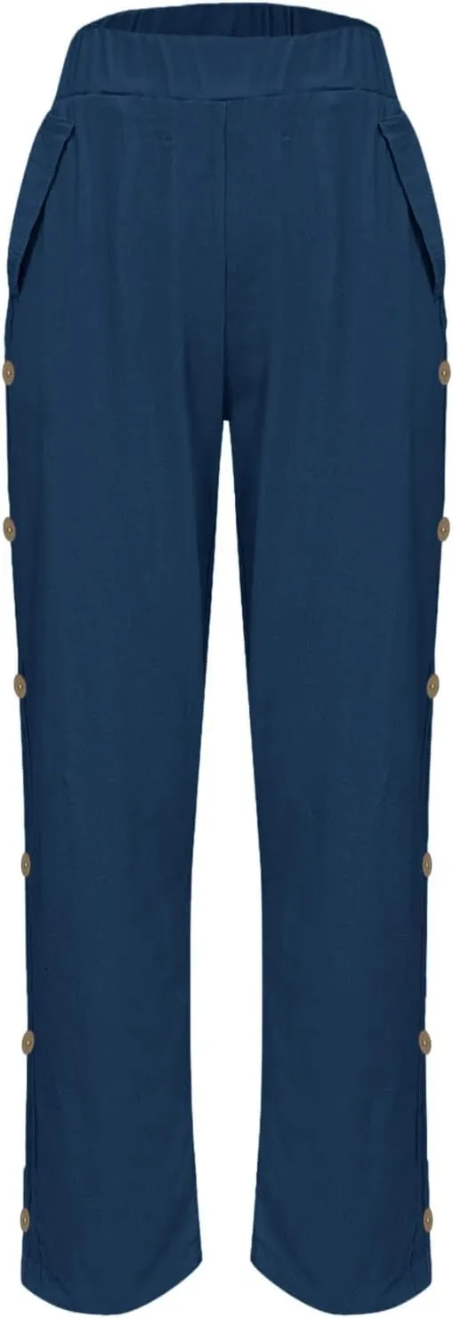 Linen Pants Women Summer 2025 Elastic Waisted Side Button Cropped Trouser Soft Comfy Plus Size Trousers with Pockets