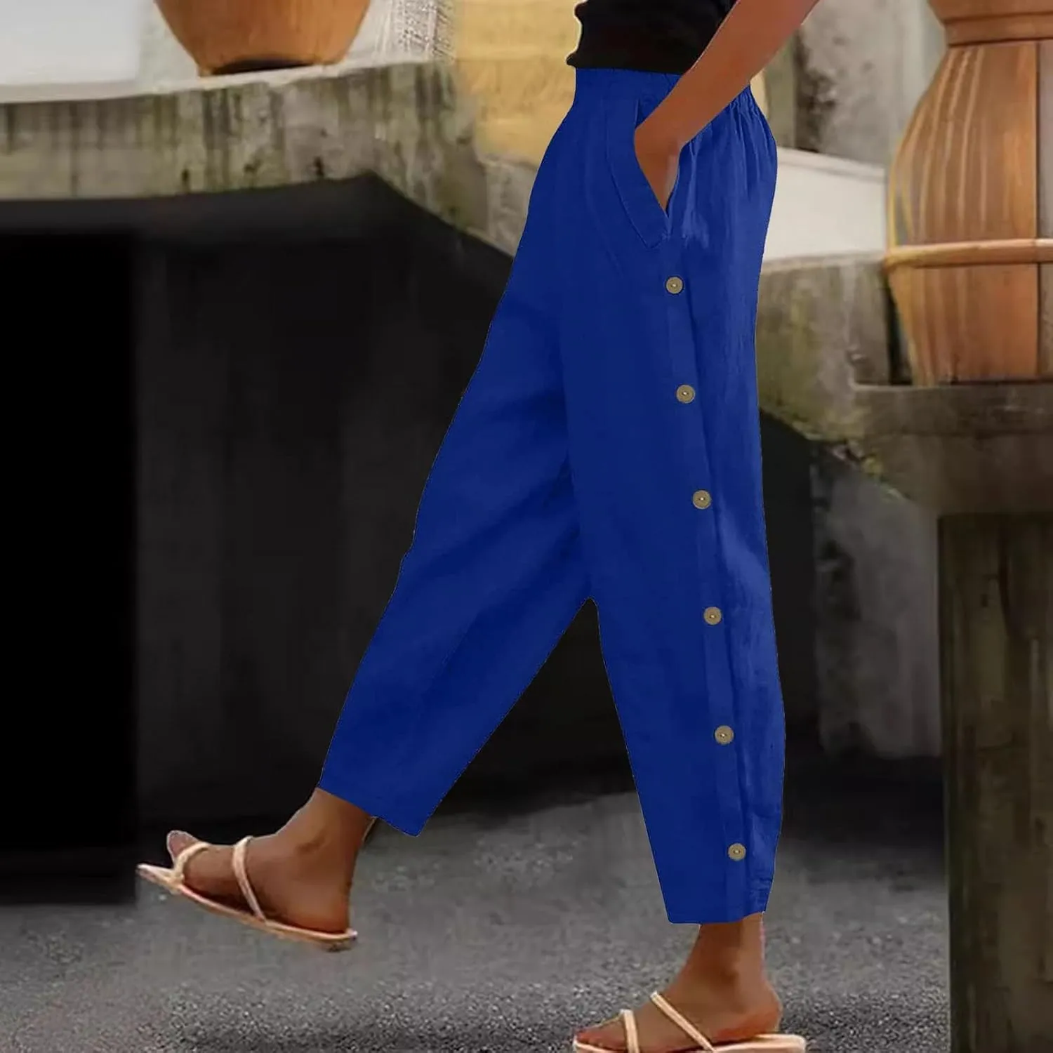 Linen Pants Women Summer 2025 Elastic Waisted Side Button Cropped Trouser Soft Comfy Plus Size Trousers with Pockets