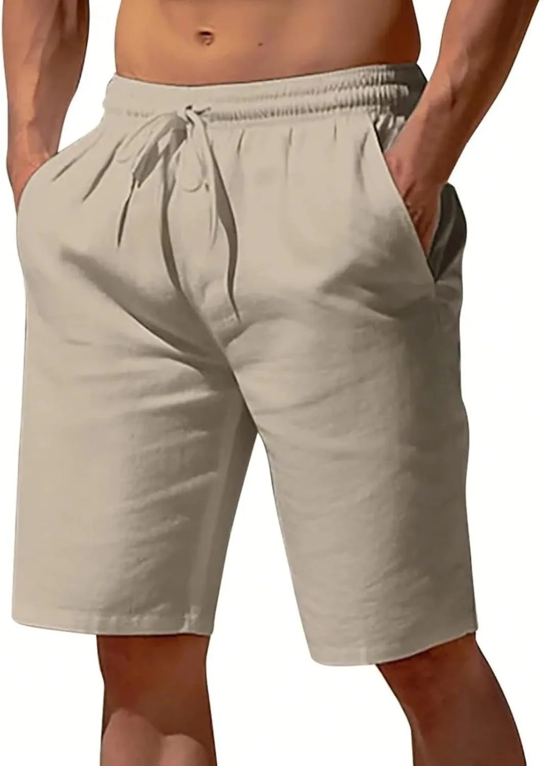 Linen Shorts for Men Elastic Waisted Drawstring Summer Shorts Lightweight Relaxed Fit Beach Short Pants with Pockets